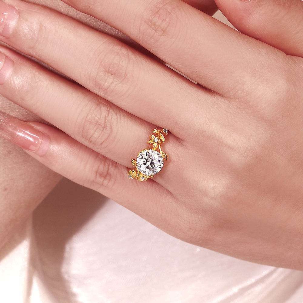 2.04Ct Round Cut Moissanite with Floral Motif Accents Vintage Romantic Engagement Ring