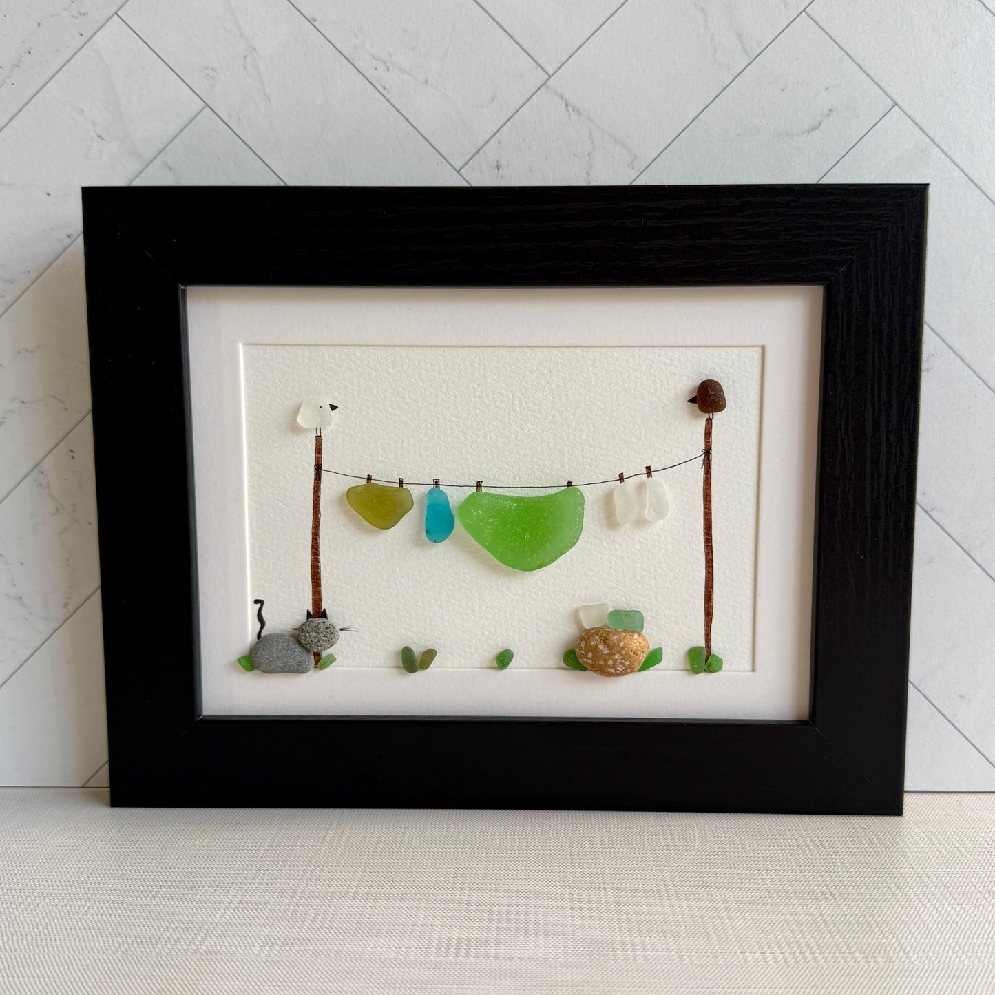Wash Day Clothesline Sea Glass Art | Framed 5x7 Wall Decor | Gift for Cat Lover