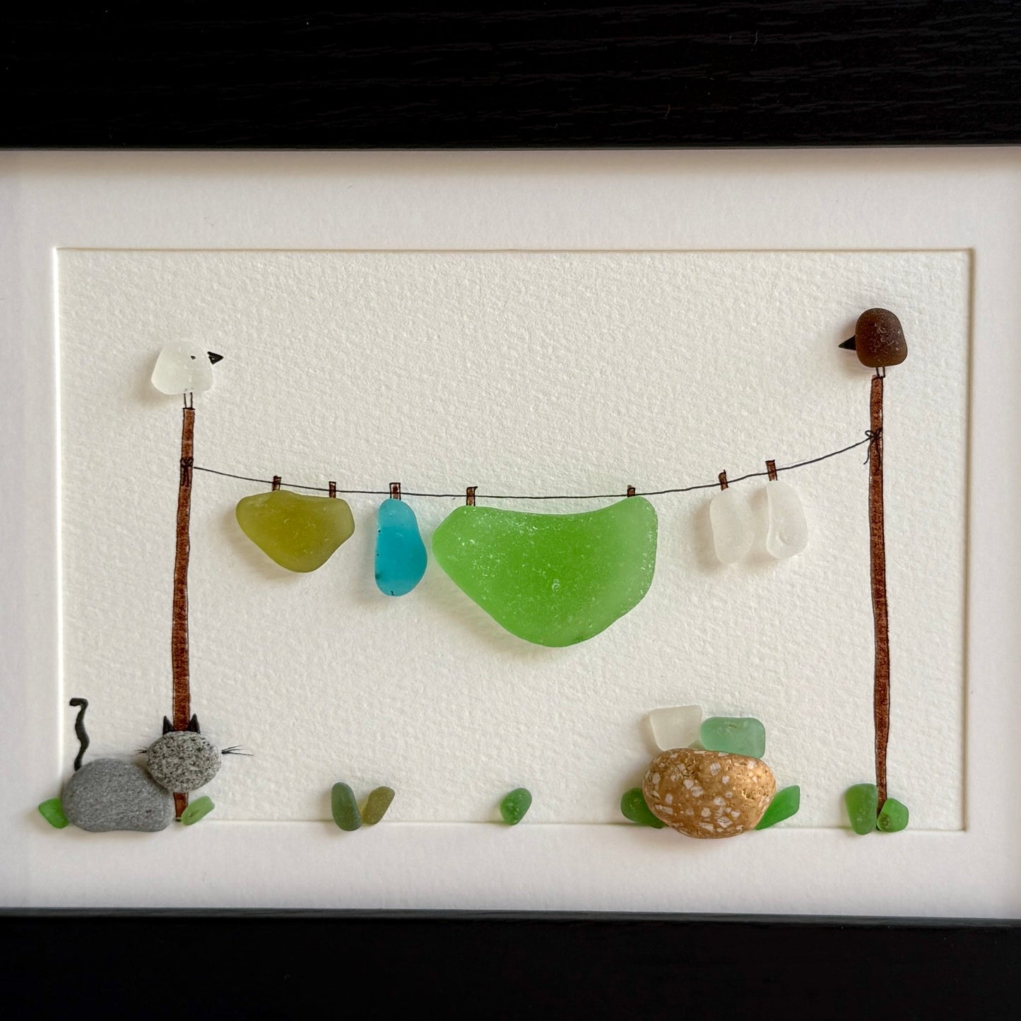 Wash Day Clothesline Sea Glass Art | Framed 5x7 Wall Decor | Gift for Cat Lover
