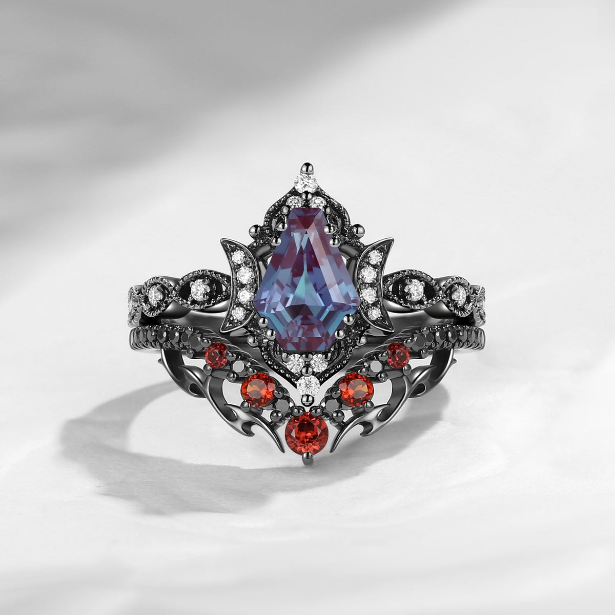 Crescent Moon | Unique Gothic Inspired Coffin Lab Alexandrite Black Gold Engagement Ring Set 2pcs