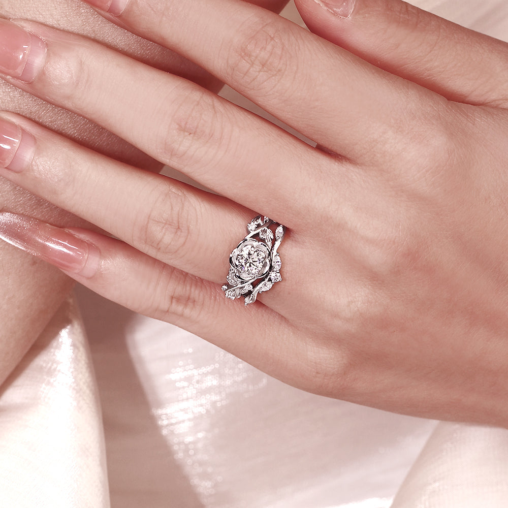 Nature Inspired 0.7CT Round Cut Moissanite Rose Flower Leaf Bridal Ring Set
