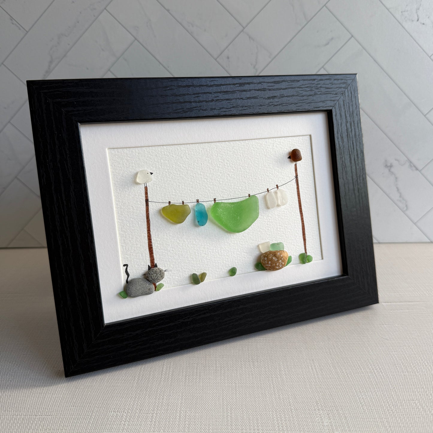 Wash Day Clothesline Sea Glass Art | Framed 5x7 Wall Decor | Gift for Cat Lover