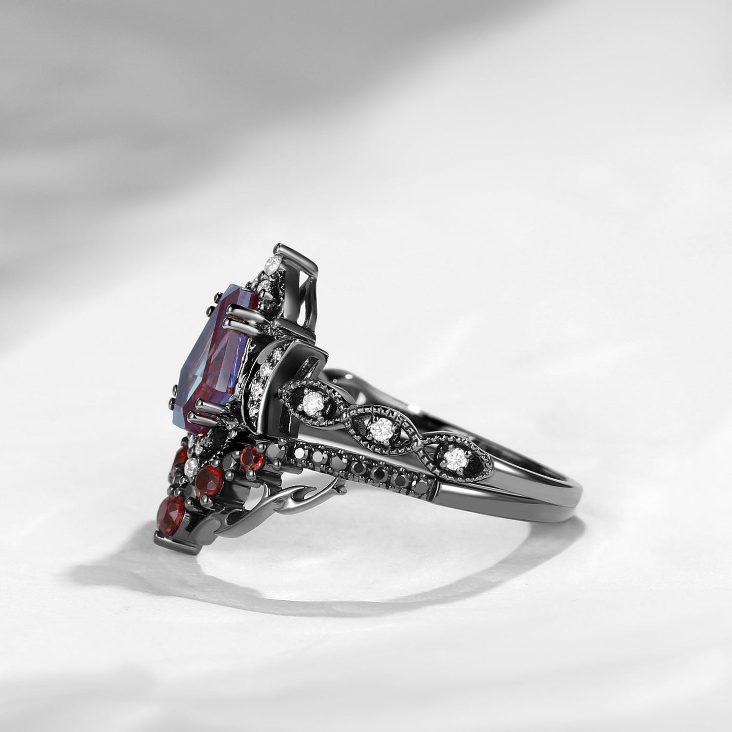 Crescent Moon | Unique Gothic Inspired Coffin Lab Alexandrite Black Gold Engagement Ring Set 2pcs