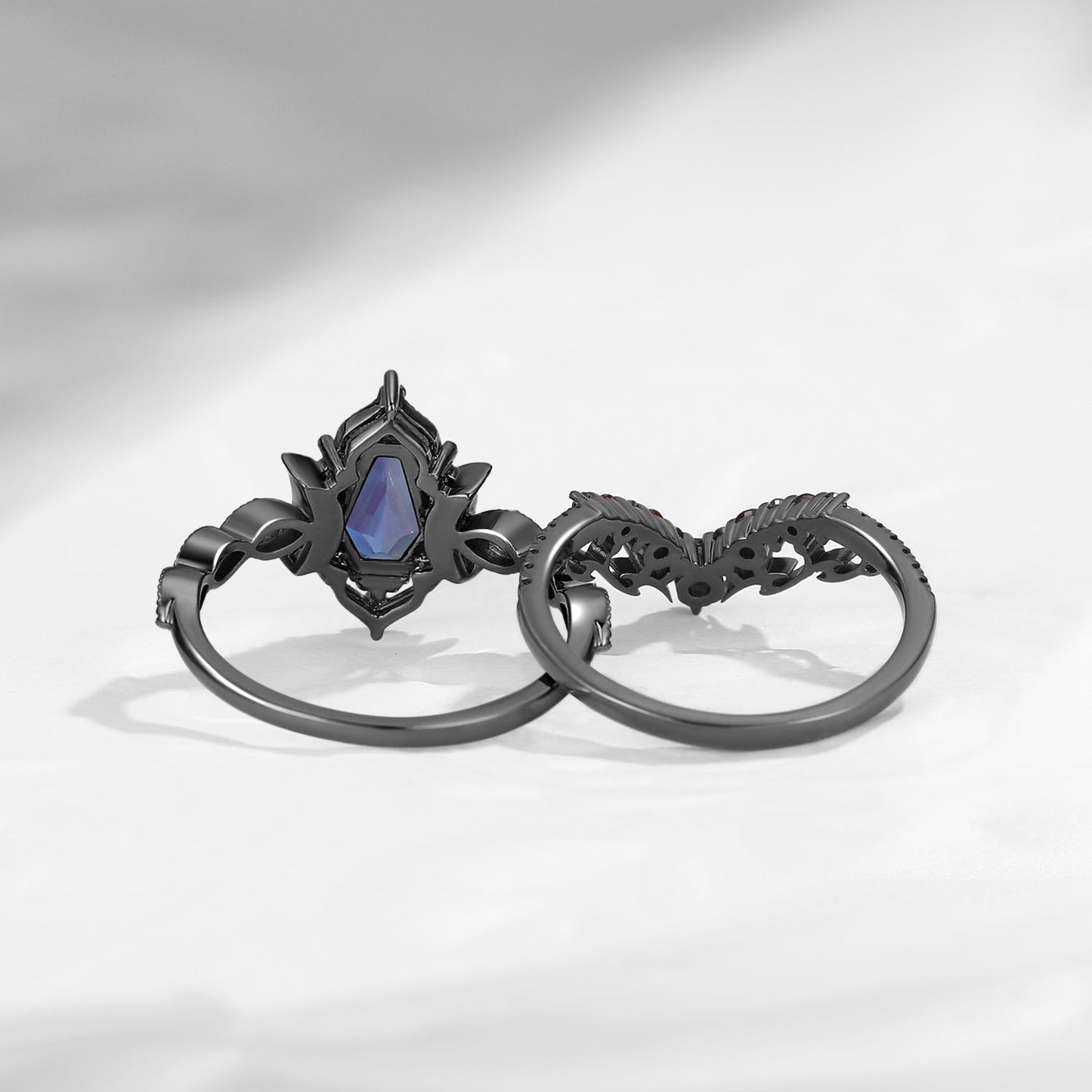 Crescent Moon | Unique Gothic Inspired Coffin Lab Alexandrite Black Gold Engagement Ring Set 2pcs