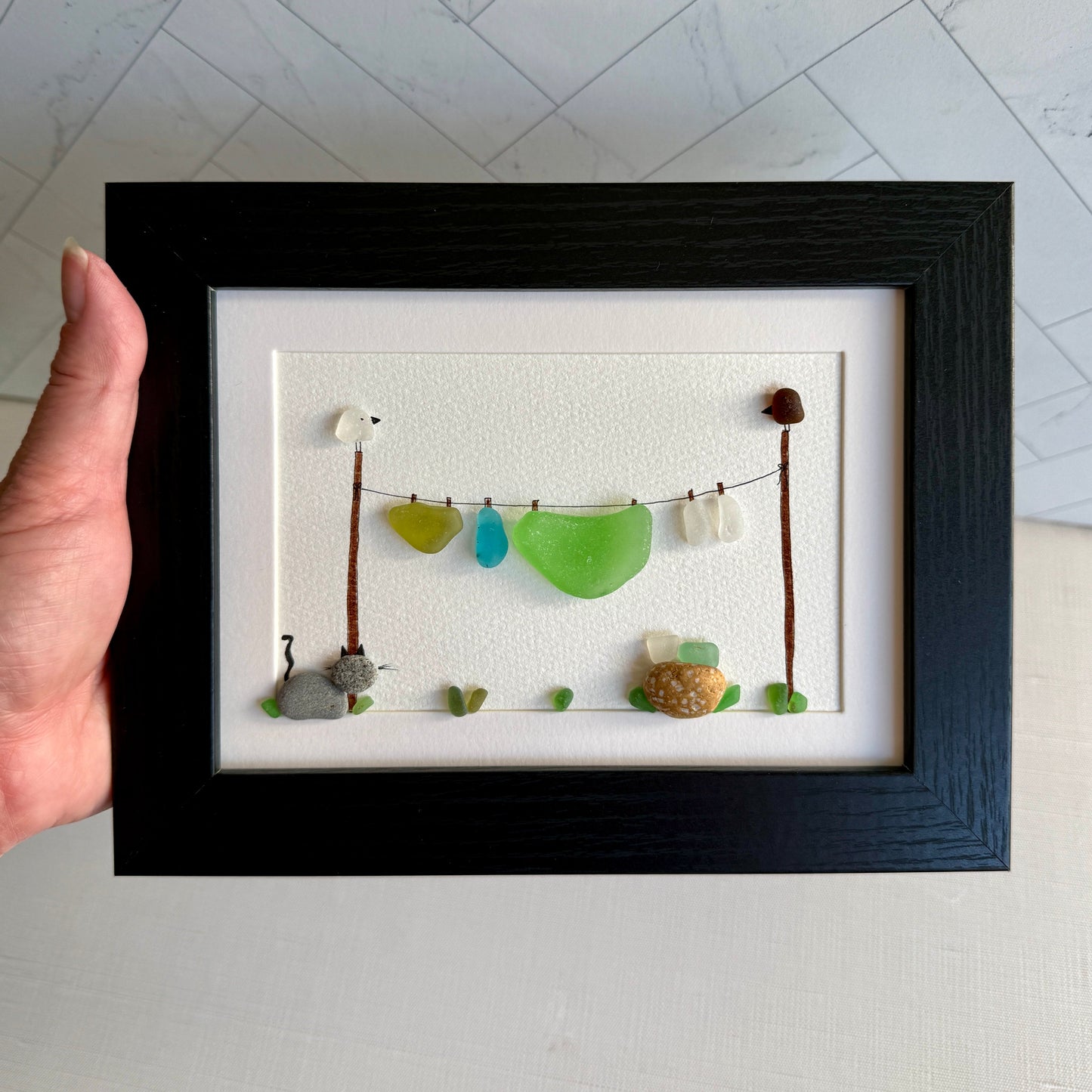 Wash Day Clothesline Sea Glass Art | Framed 5x7 Wall Decor | Gift for Cat Lover