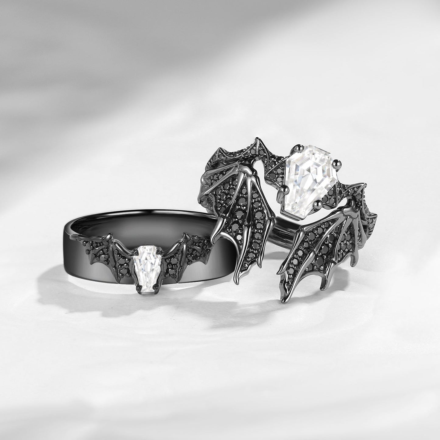 Bat Wing Inspired Coffin Moissanite Couple Bridal Ring Set