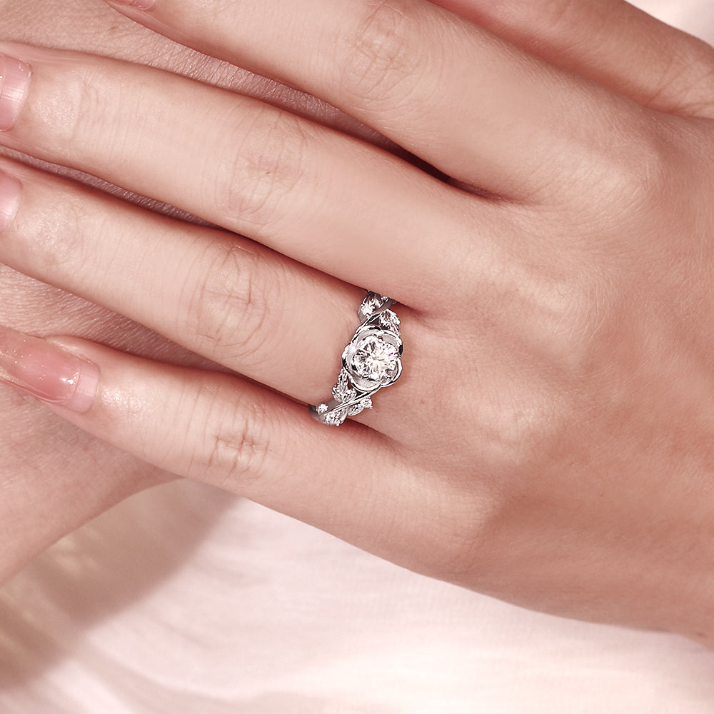 Nature Inspired 0.55CT Round Cut Moissanite Rose Flower Leaf Engagement Ring