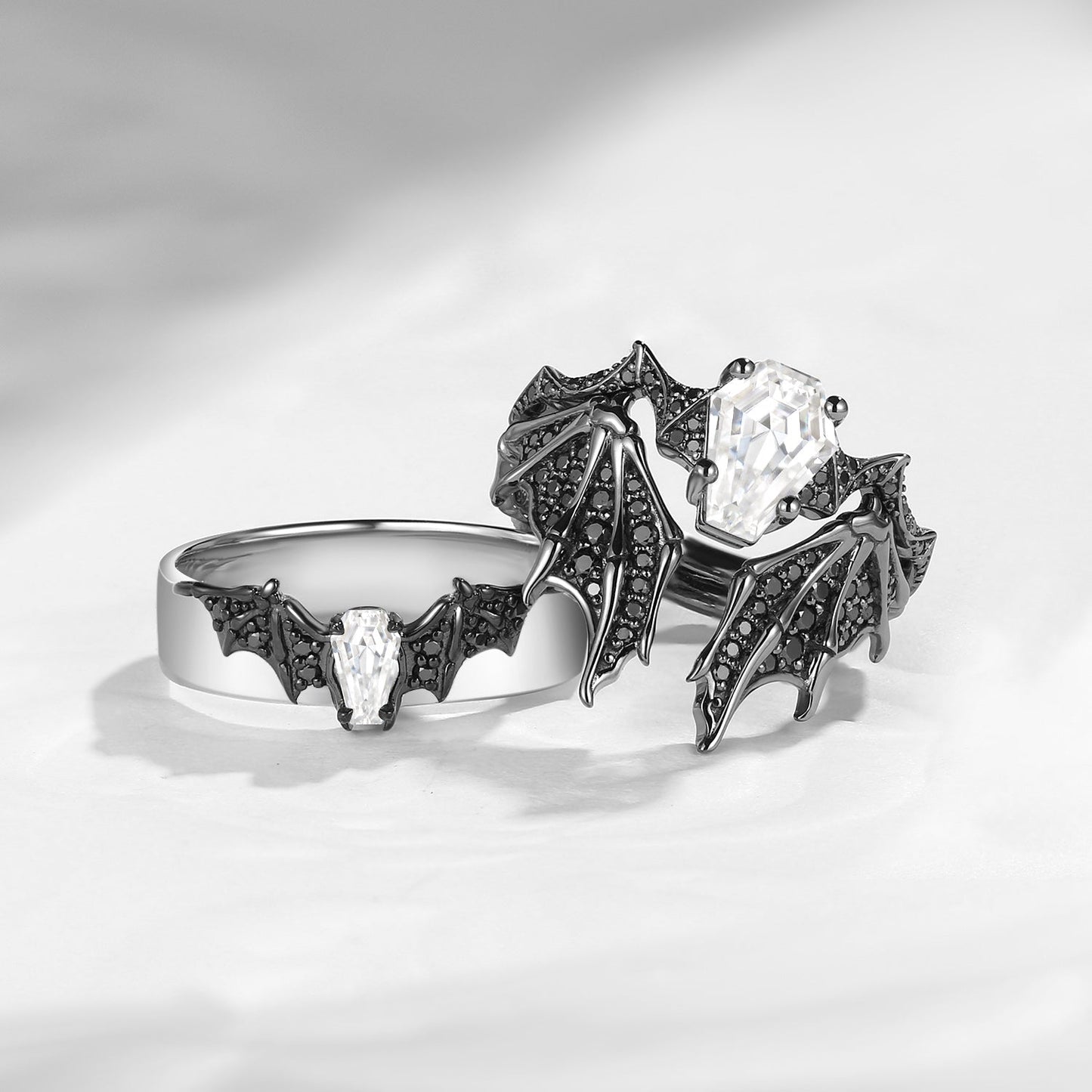 Bat Wing Inspired Coffin Moissanite Couple Bridal Ring Set