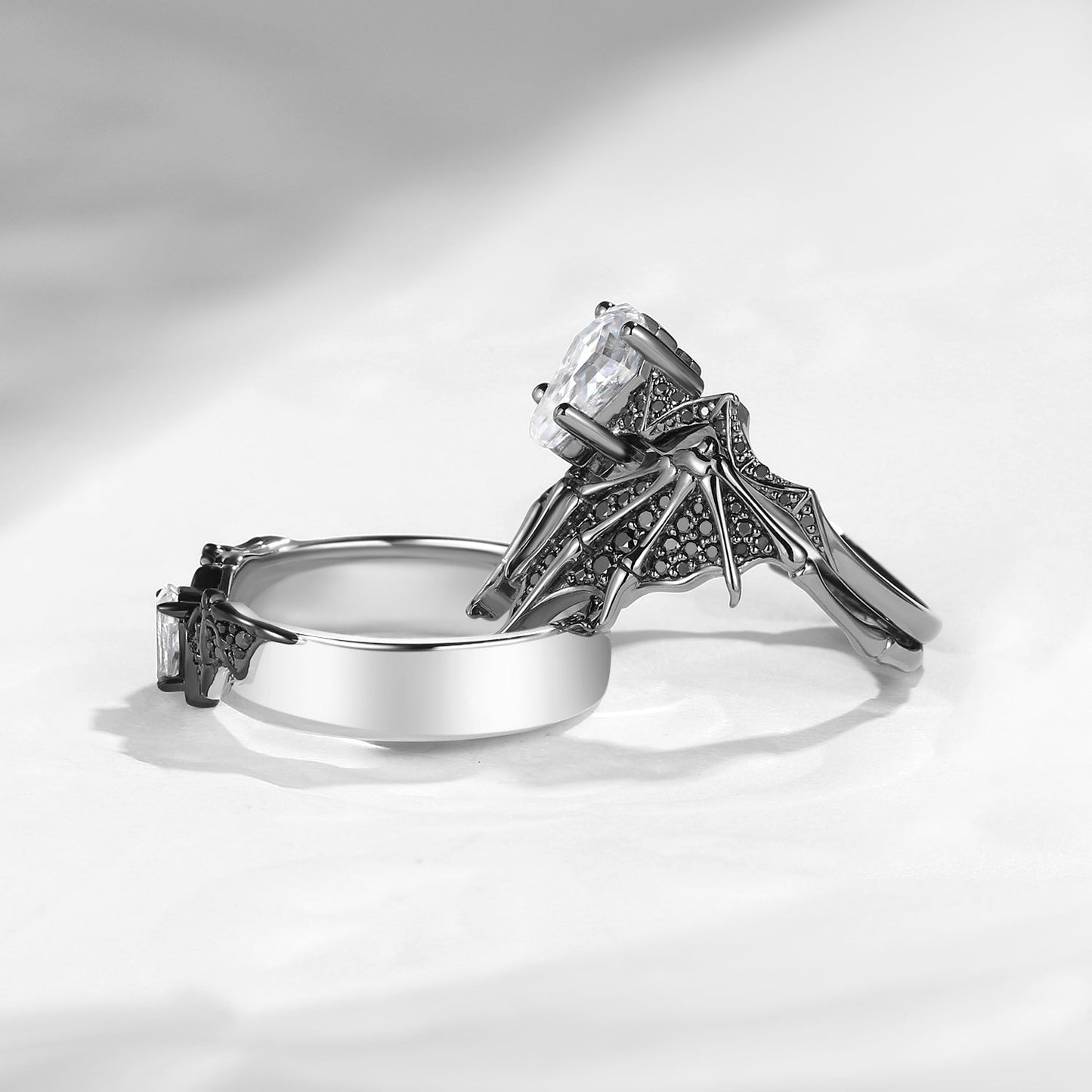 Bat Wing Inspired Coffin Moissanite Couple Bridal Ring Set
