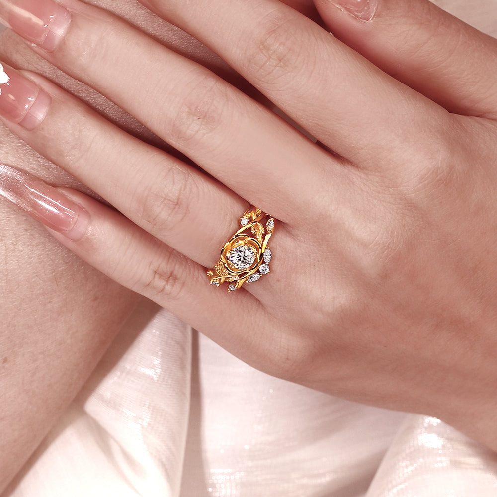 Nature Inspired 0.7CT Round Cut Moissanite Rose Flower Leaf Bridal Ring Set