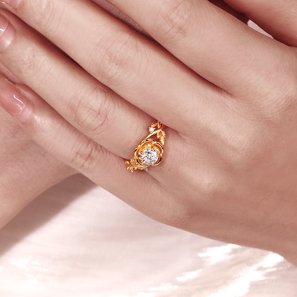 Nature Inspired 0.55CT Round Cut Moissanite Rose Flower Leaf Engagement Ring