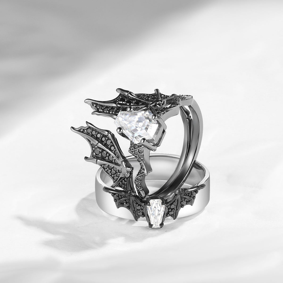Bat Wing Inspired Coffin Moissanite Couple Bridal Ring Set