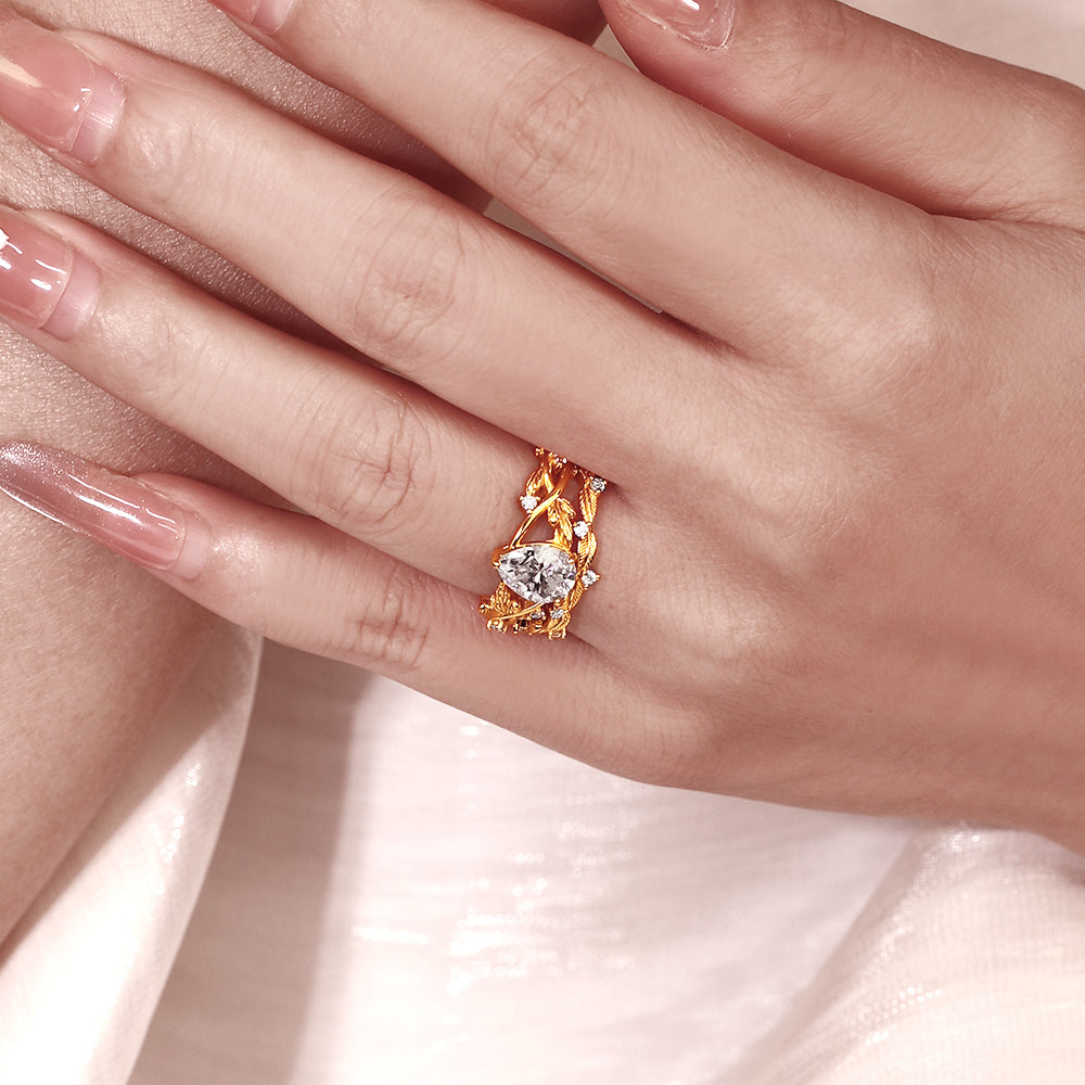 1.49CT Pear Moissanite Leaf Nature Inspired Bridal Ring Set