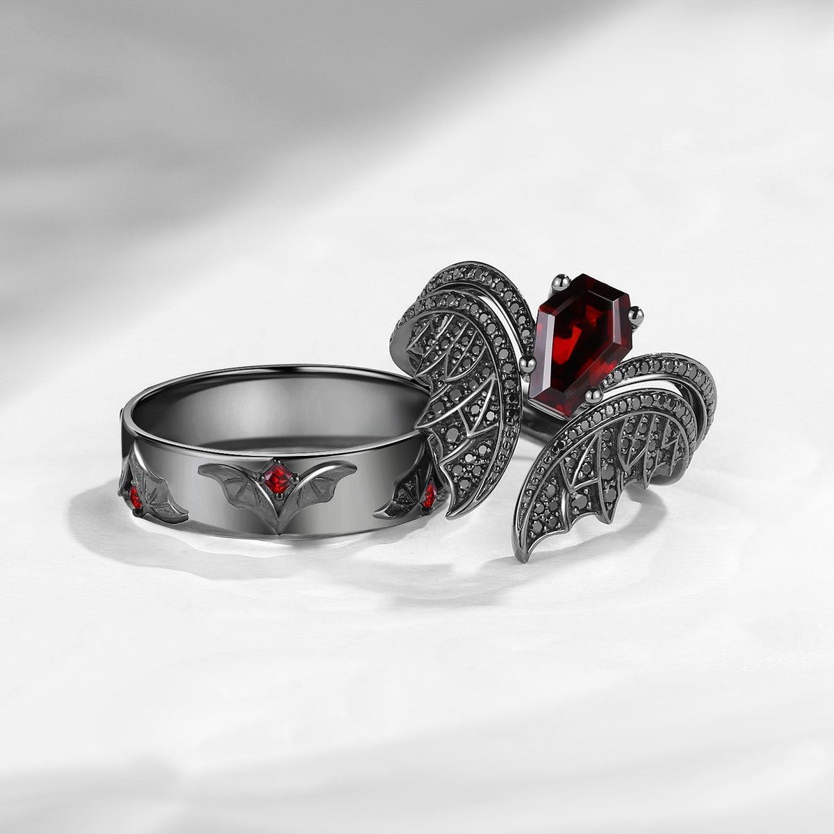 Bat Wing Inspired Coffin Garnet & Black Moissanite Couple Bridal Ring Set