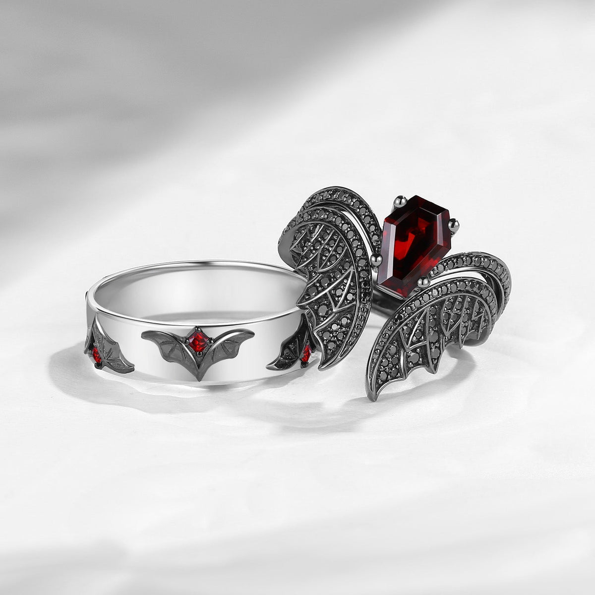 Bat Wing Inspired Coffin Garnet & Black Moissanite Couple Bridal Ring Set