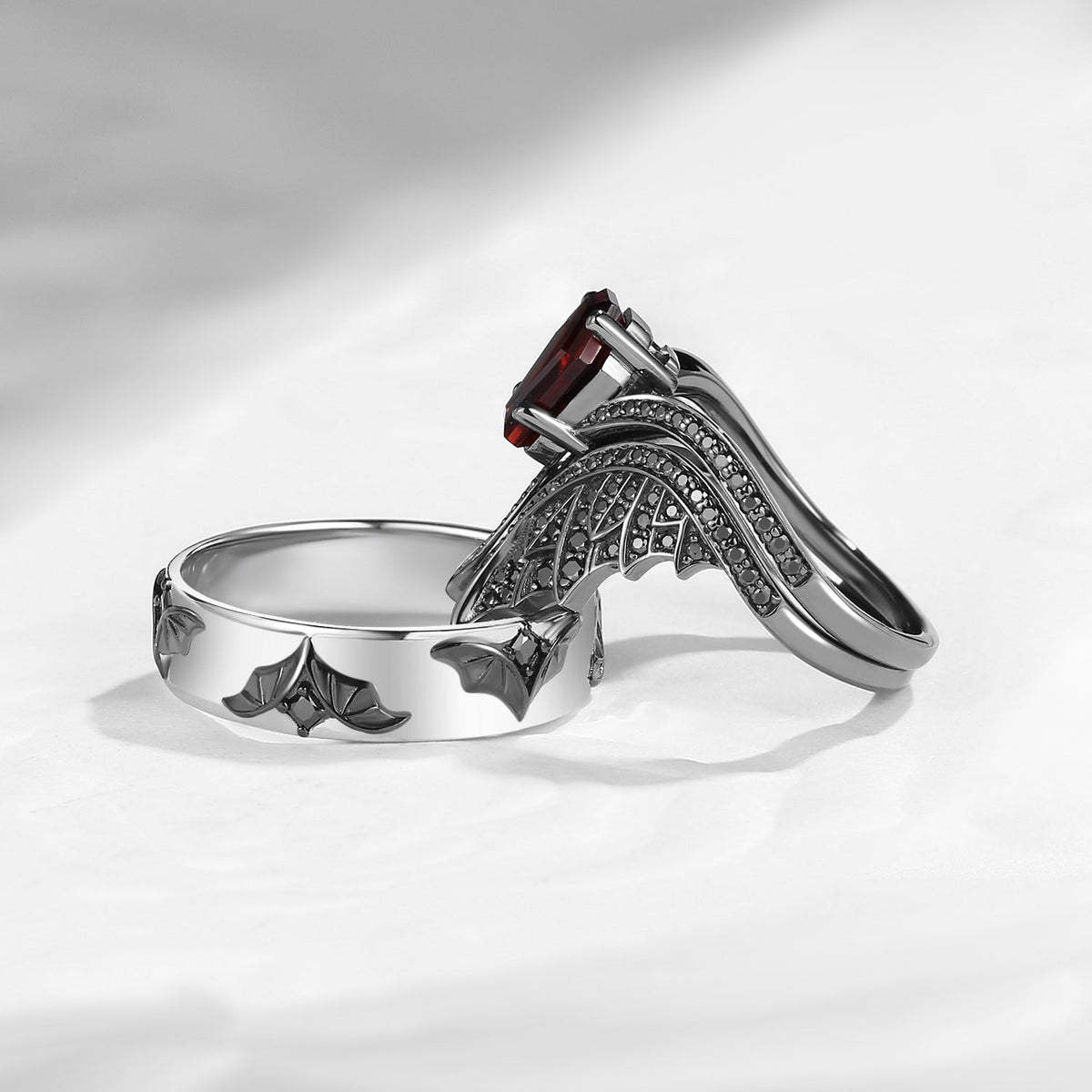 Bat Wing Inspired Coffin Garnet & Black Moissanite Couple Bridal Ring Set