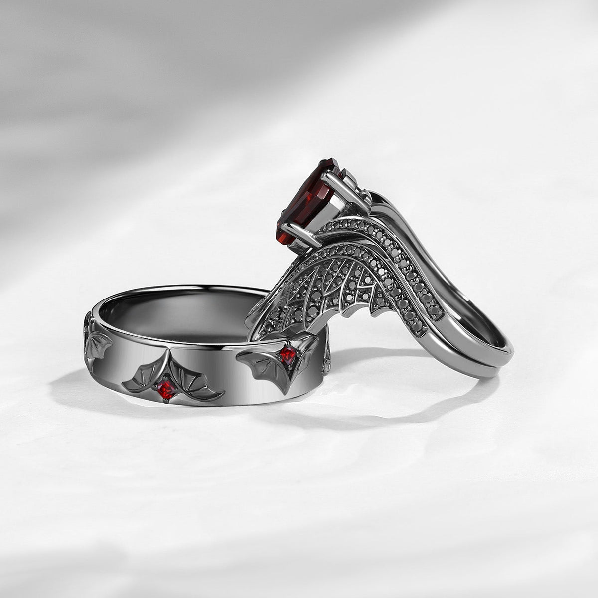 Bat Wing Inspired Coffin Garnet & Black Moissanite Couple Bridal Ring Set