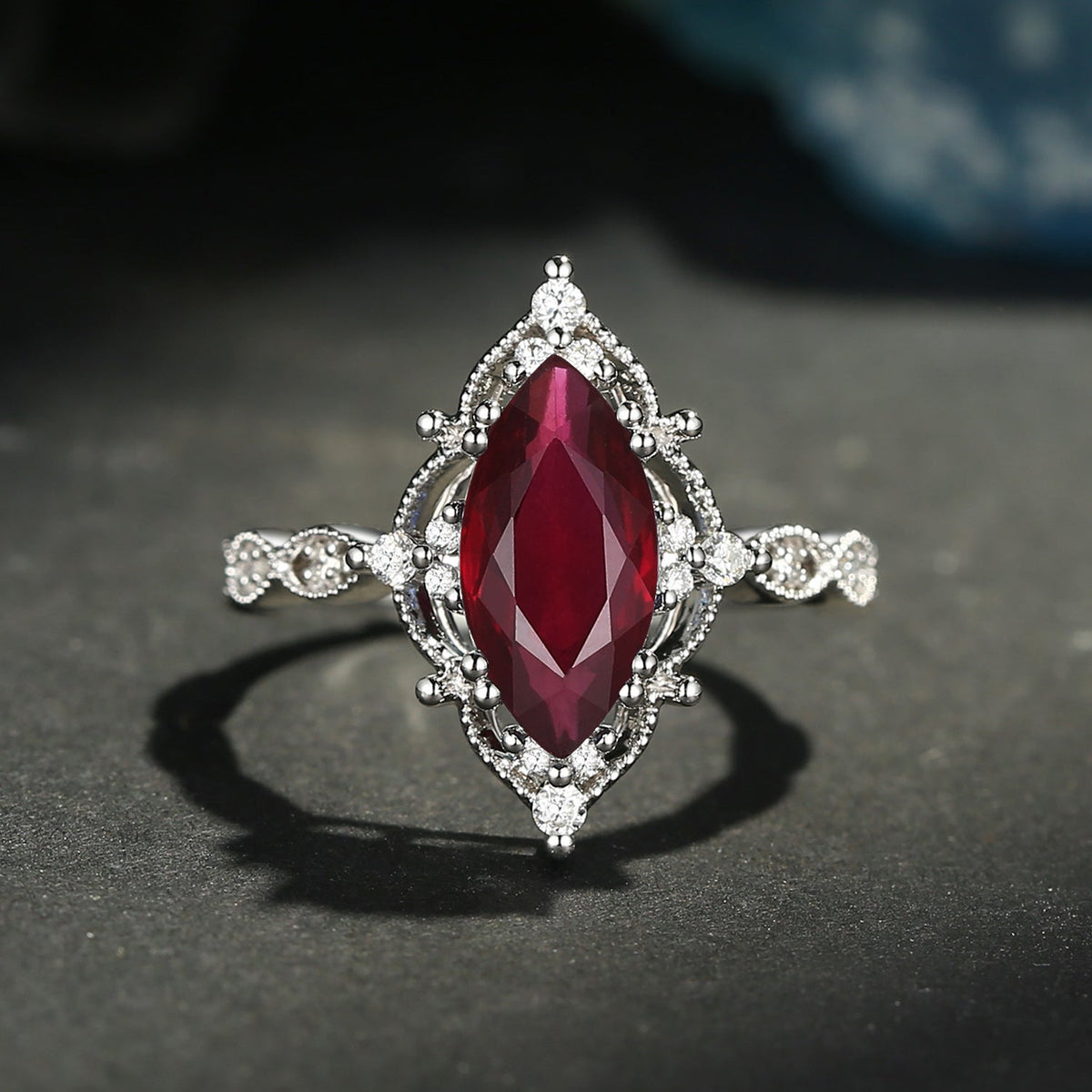 Unique Marquise Natural Ruby Vintage Inspired Engagement Ring