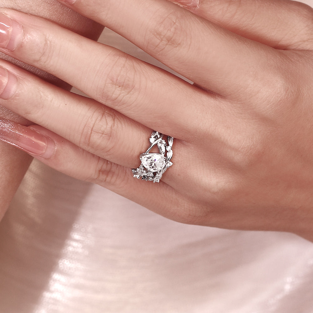 1.49CT Pear Moissanite Leaf Nature Inspired Bridal Ring Set
