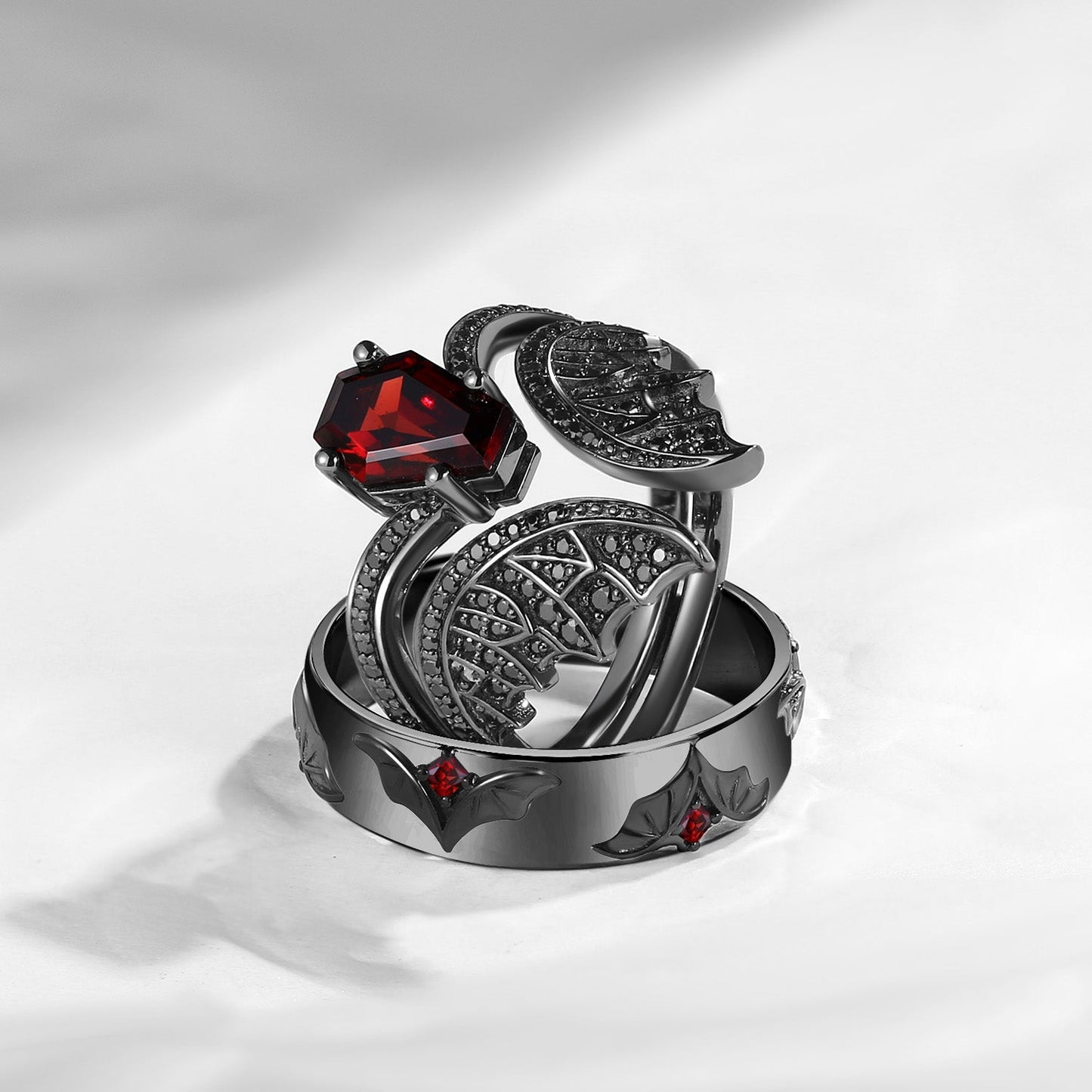 Bat Wing Inspired Coffin Garnet & Black Moissanite Couple Bridal Ring Set