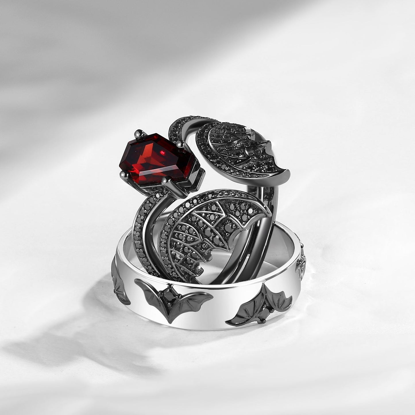 Bat Wing Inspired Coffin Garnet & Black Moissanite Couple Bridal Ring Set