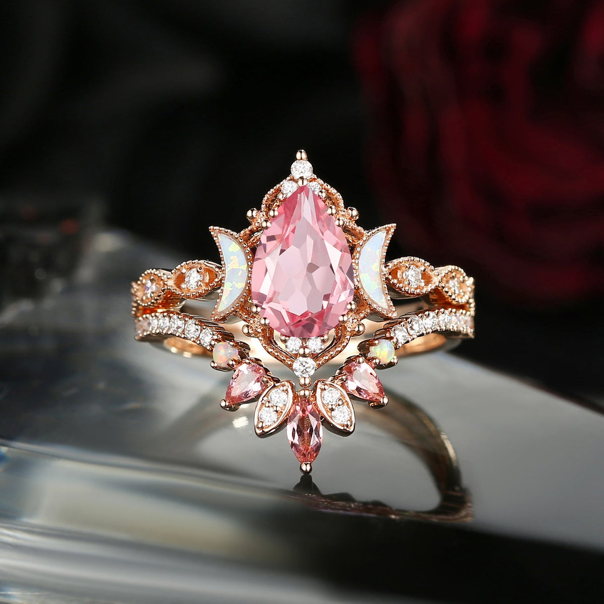 Crescent Moon | Pear Cut Lab Pink Sapphire 'Ultra Galaxy' Engagement Ring Set 2pcs