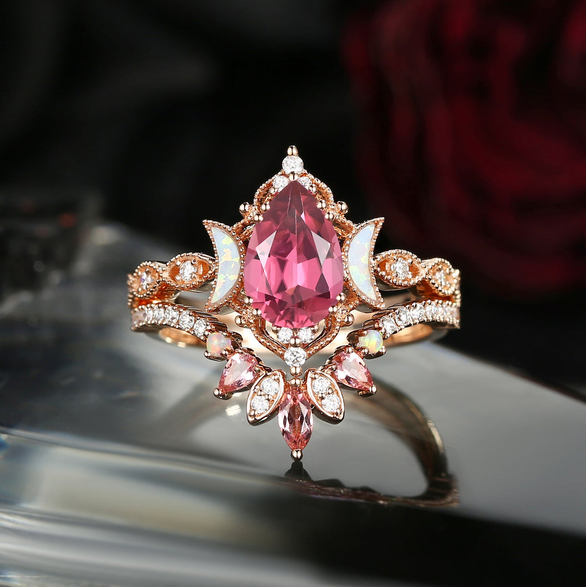 Crescent Moon | Pear Cut Natural Pink Tourmaline 'Ultra Galaxy' Engagement Ring Set 2pcs
