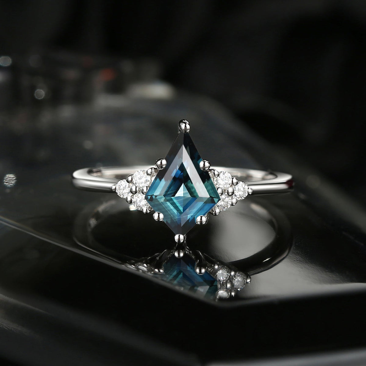 Art Deco Kite Cut Natural Teal Sapphire Cluster Engagement Ring