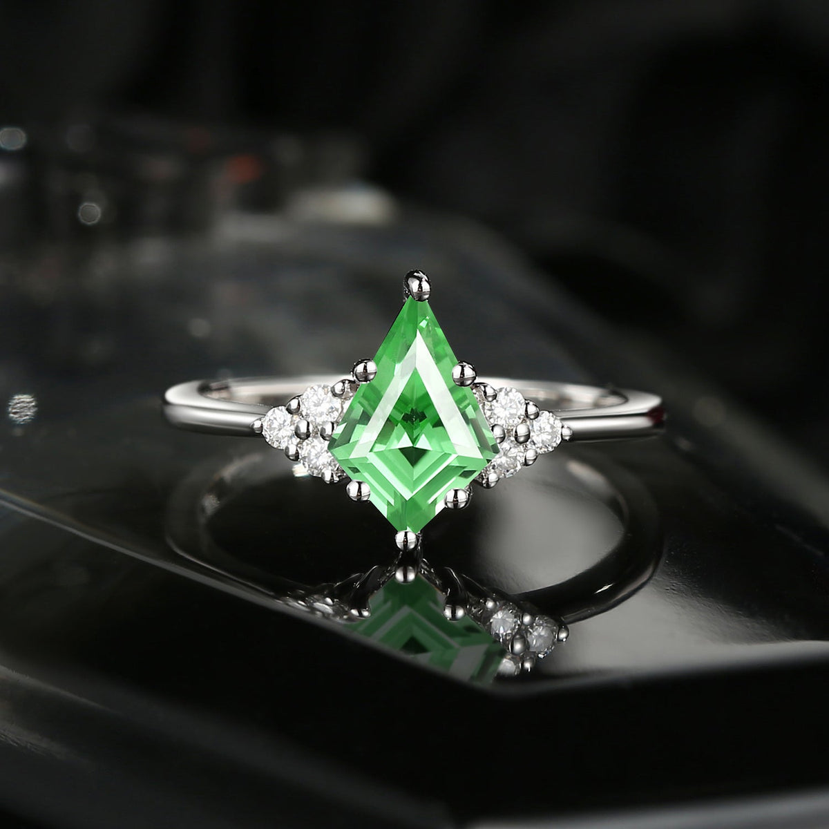 Classic Style Kite Cut Lab Tsavorite Cluster Engagement Ring
