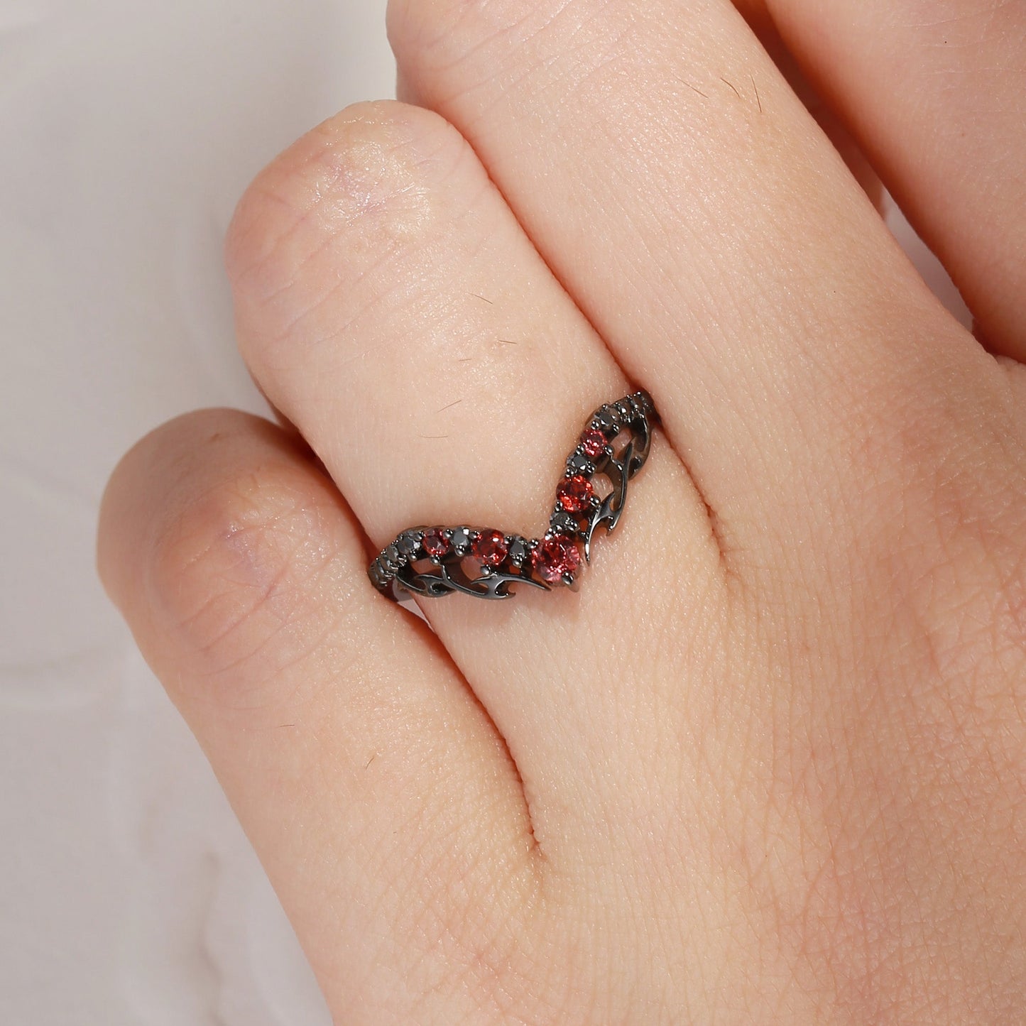 Garnet & Black Moissanite Curved Gothic Inspired Wedding Band