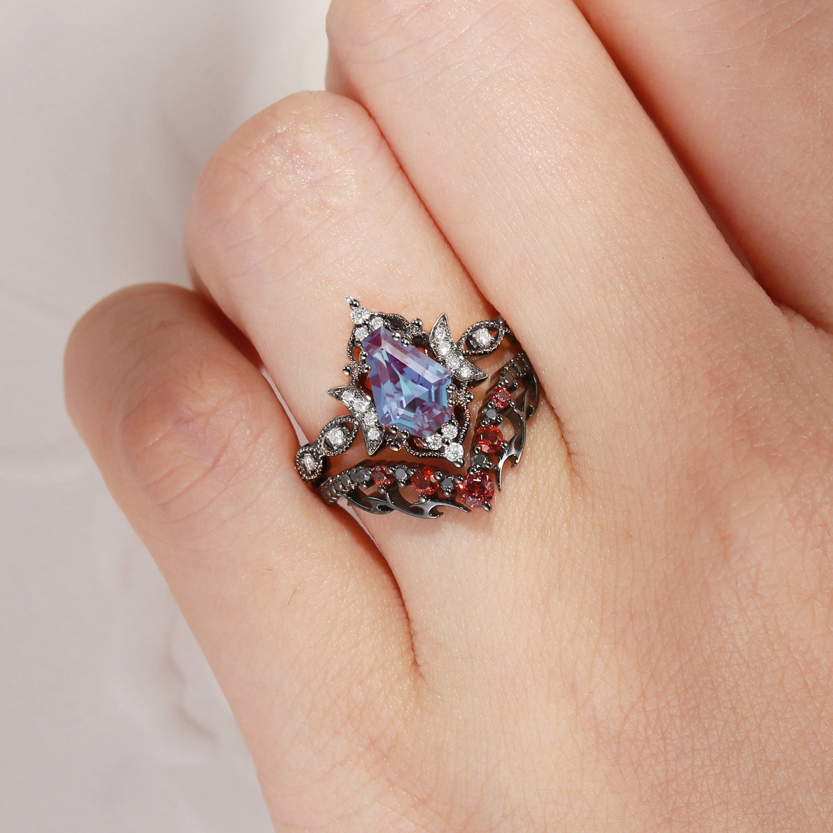 Crescent Moon | Unique Gothic Inspired Coffin Lab Alexandrite Black Gold Engagement Ring Set 2pcs