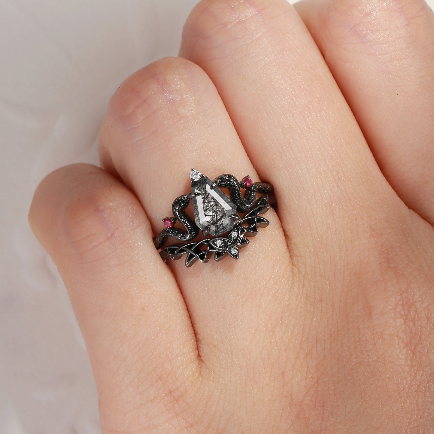 Gothic Celtic Coffin Black Rutilated Quartz Engagement Ring Set 2pcs - Serpent's Embrace