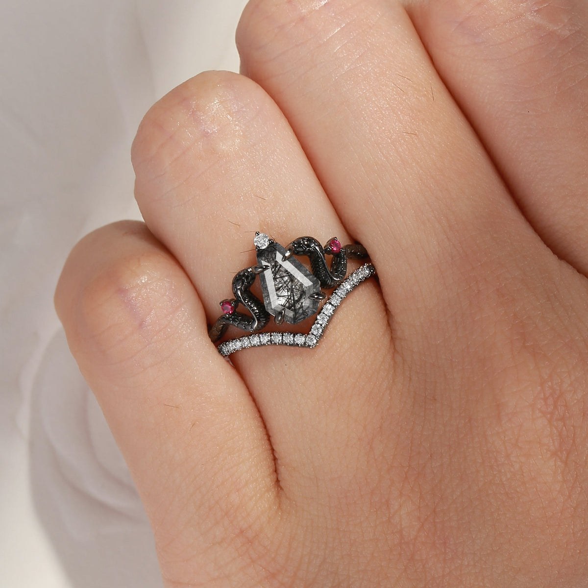 Gothic Coffin Cut Black Rutilated Quartz Engagement Ring - 'Serpent's Embrace'