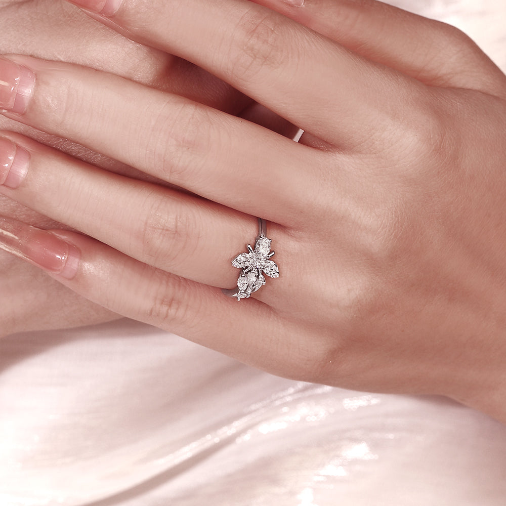 Unique Bee Nature Inspired Marquise Cut and Oval Cut Engagement Ring