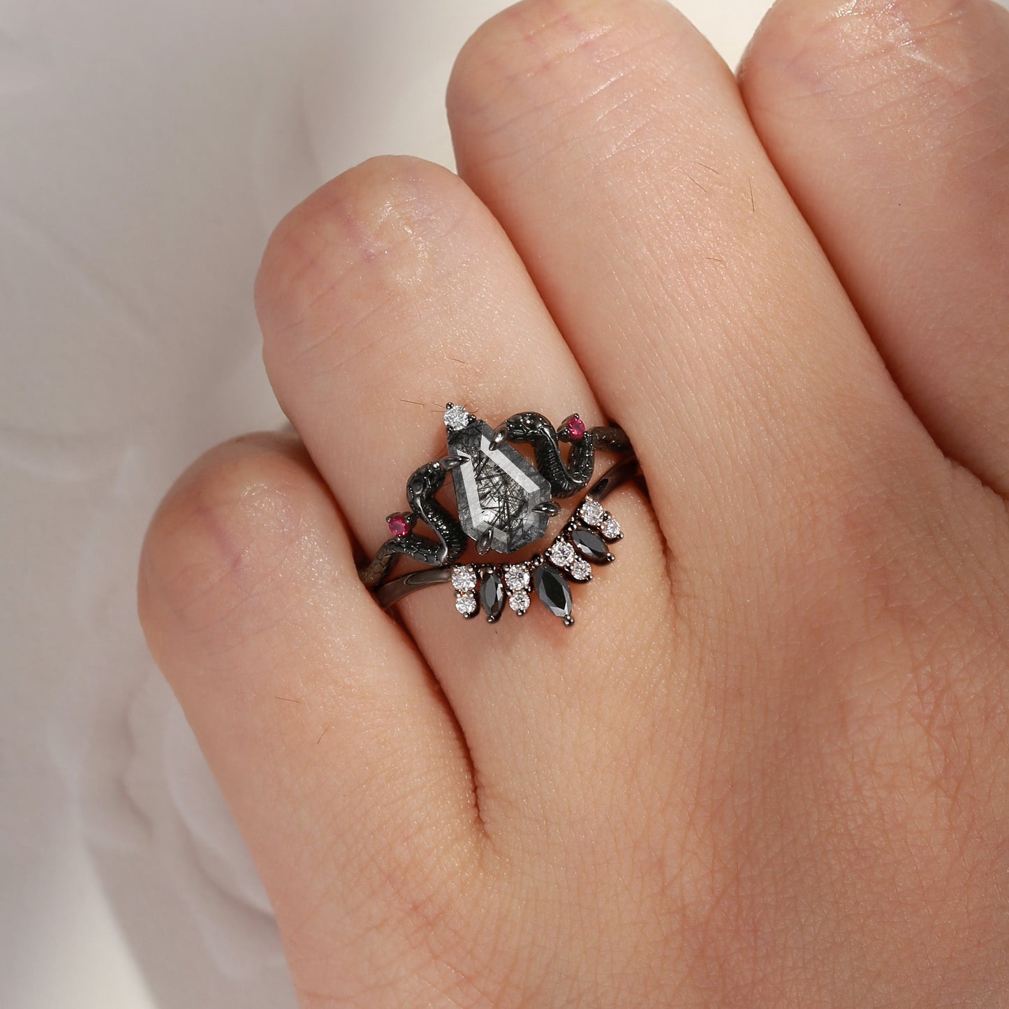 Gothic Coffin Cut Black Rutilated Quartz Snake Engagement Ring Set 2pcs - Serpent's Embrace
