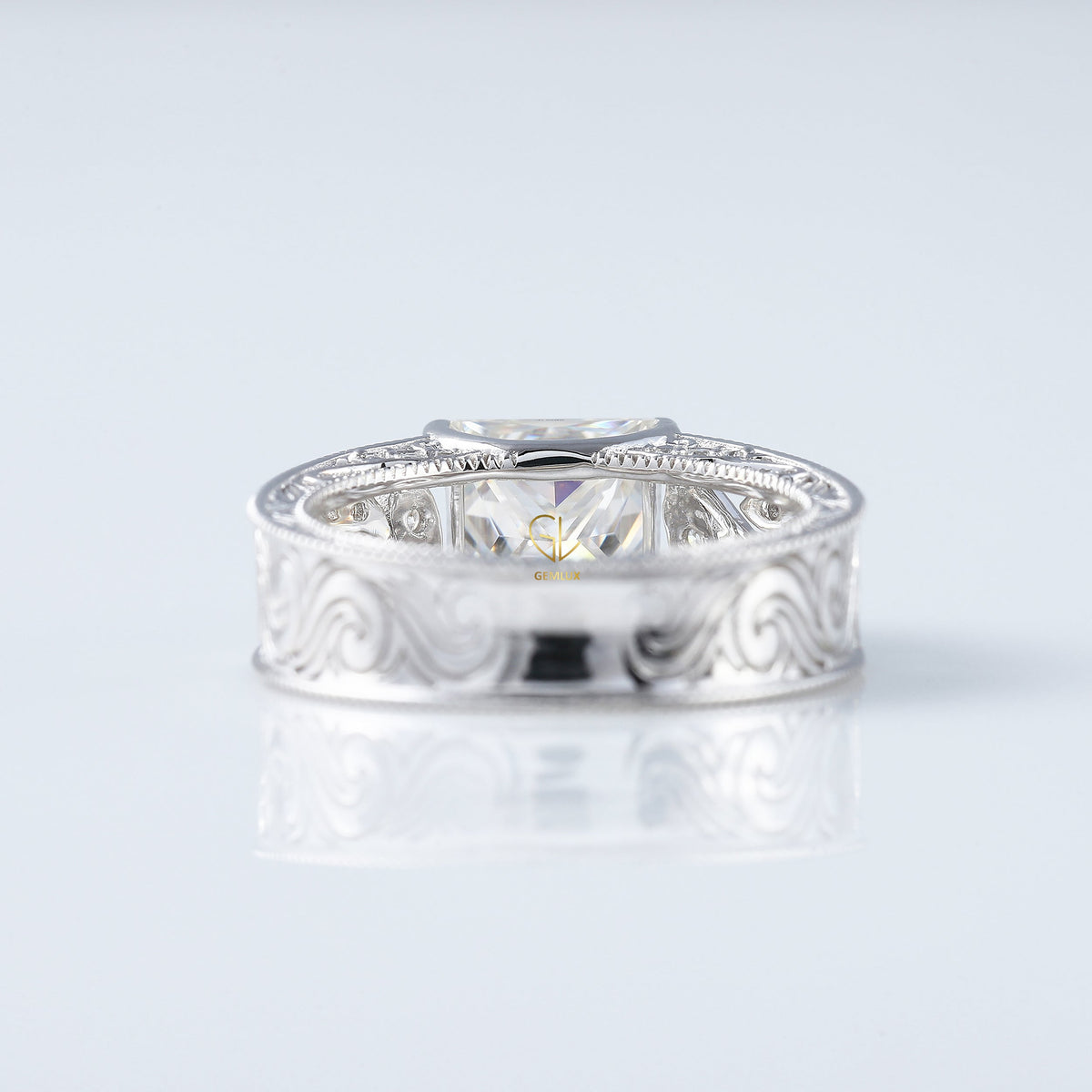 Vintage Leaf Inspired Princess Cut Moissanite Filigree Wide Band