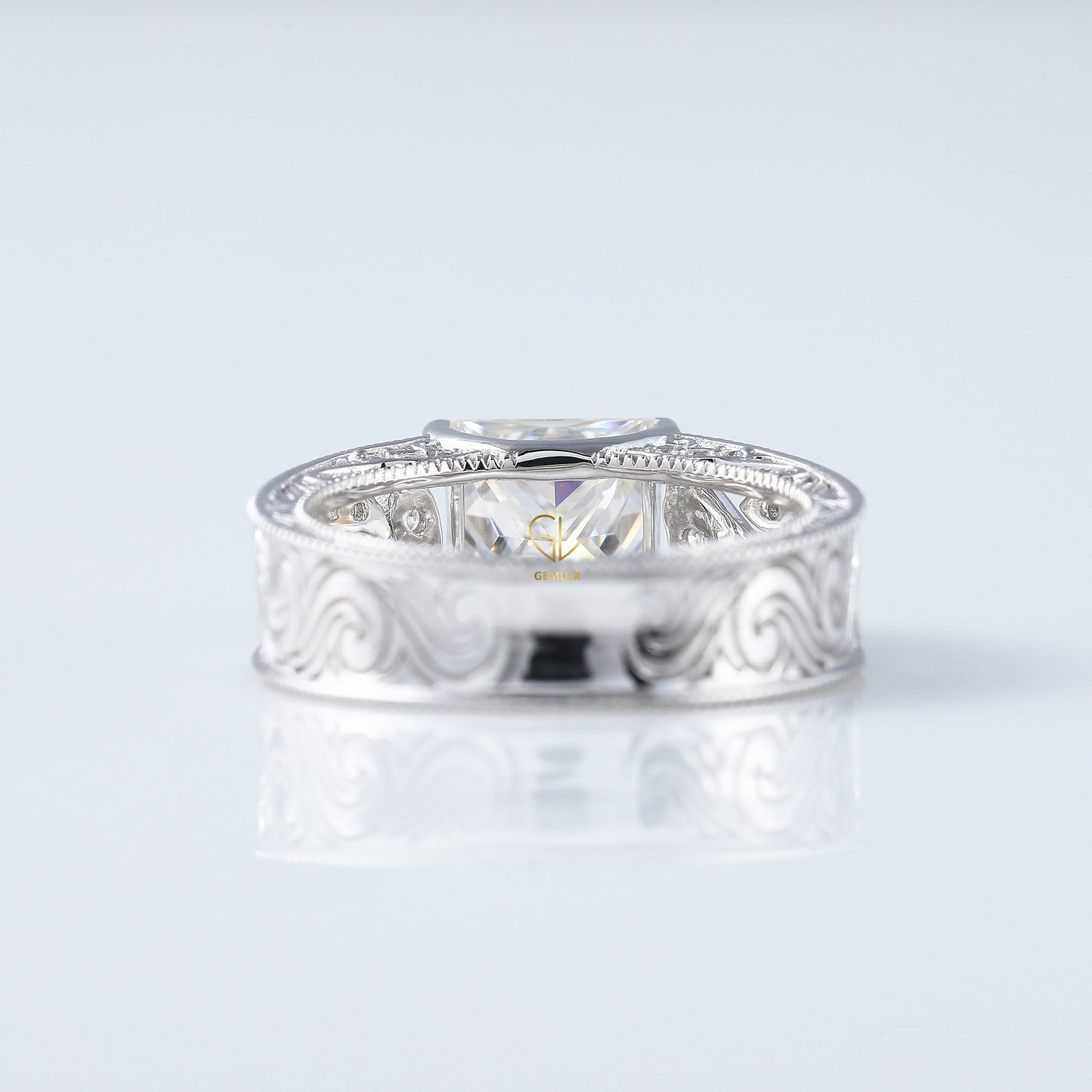 Leaf Inspired Princess Cut Lab Grown Art Deco Filigree Wedding Band