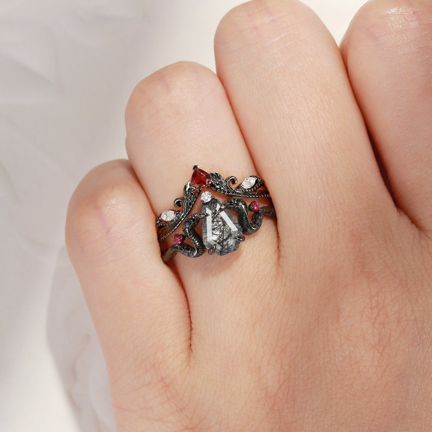 Gothic Coffin Cut Black Rutilated Quartz Snake Engagement Ring Set 2pcs - Serpent's Embrace