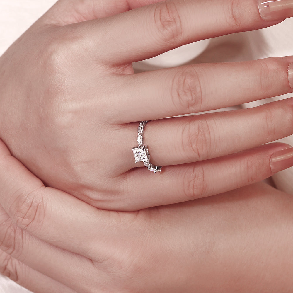 1.1CT Princess Cut Moissanite Engagement Ring with Marquise Side Stones