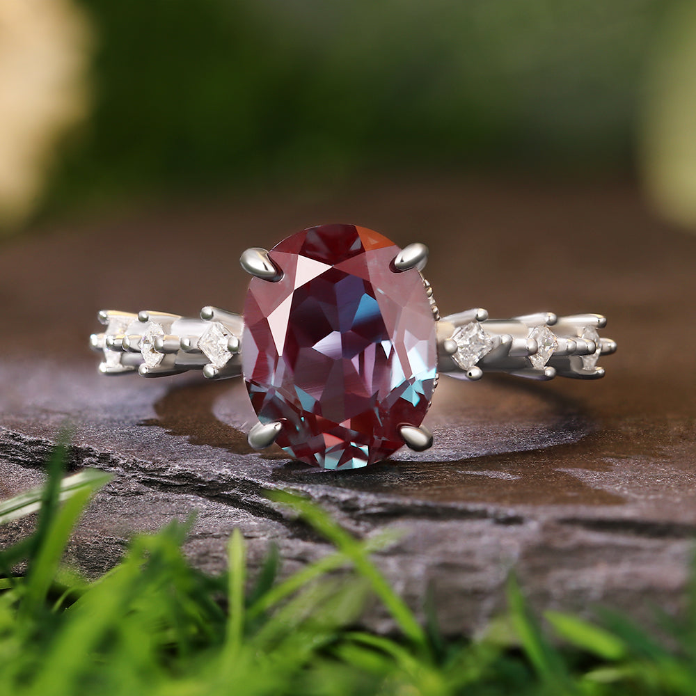 2.8 Ct Oval Cut Lab Alexandrite Hidden Halo with Princess Cut Moissanite Accents Vintage-Inspired Engagement Ring