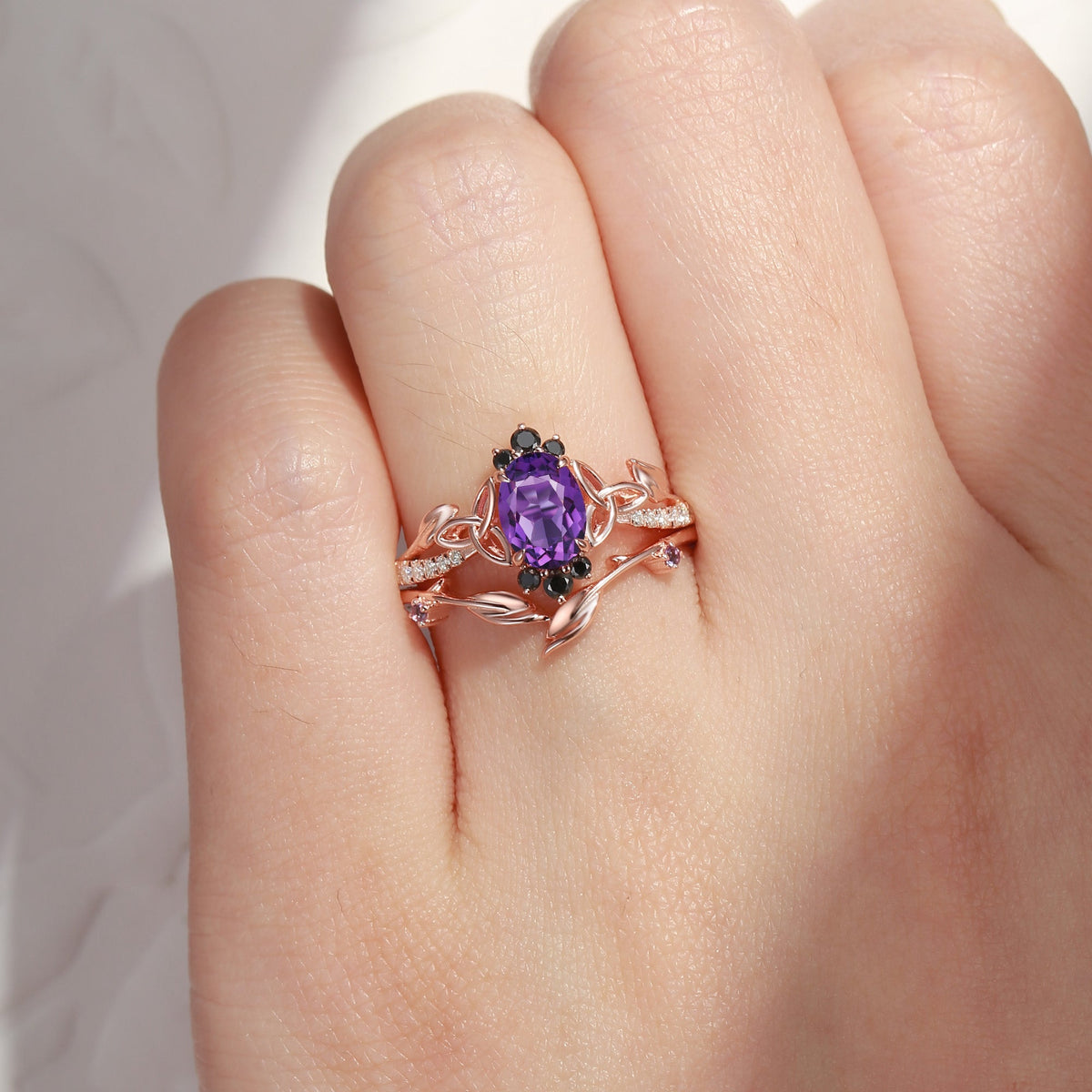 Celtic Calendar | 1.21-2.17 | Oval Amethyst Nature Inspired Rowan Leafy Celtic Ring Set 2pcs
