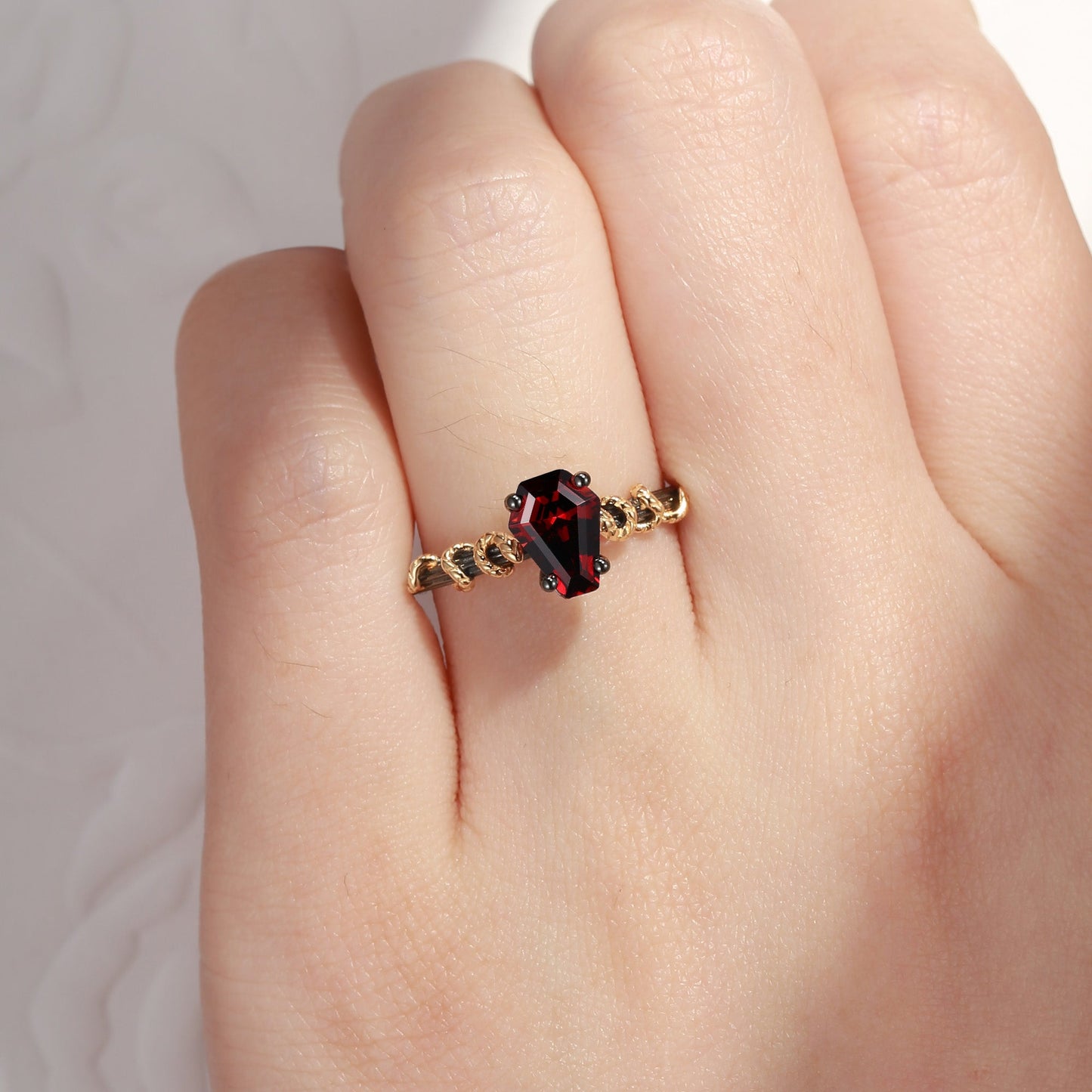 Serpent's Embrace - Gothic Coffin Cut Garnet Two-Tone Engagement Ring with Twisted Snake Detailing