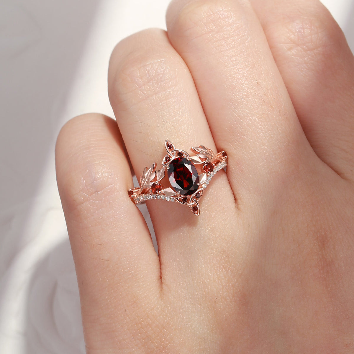 Celtic Calendar | 12.24-1.20 | Oval Garnet Nature Inspired Birch Leafy Celtic Ring