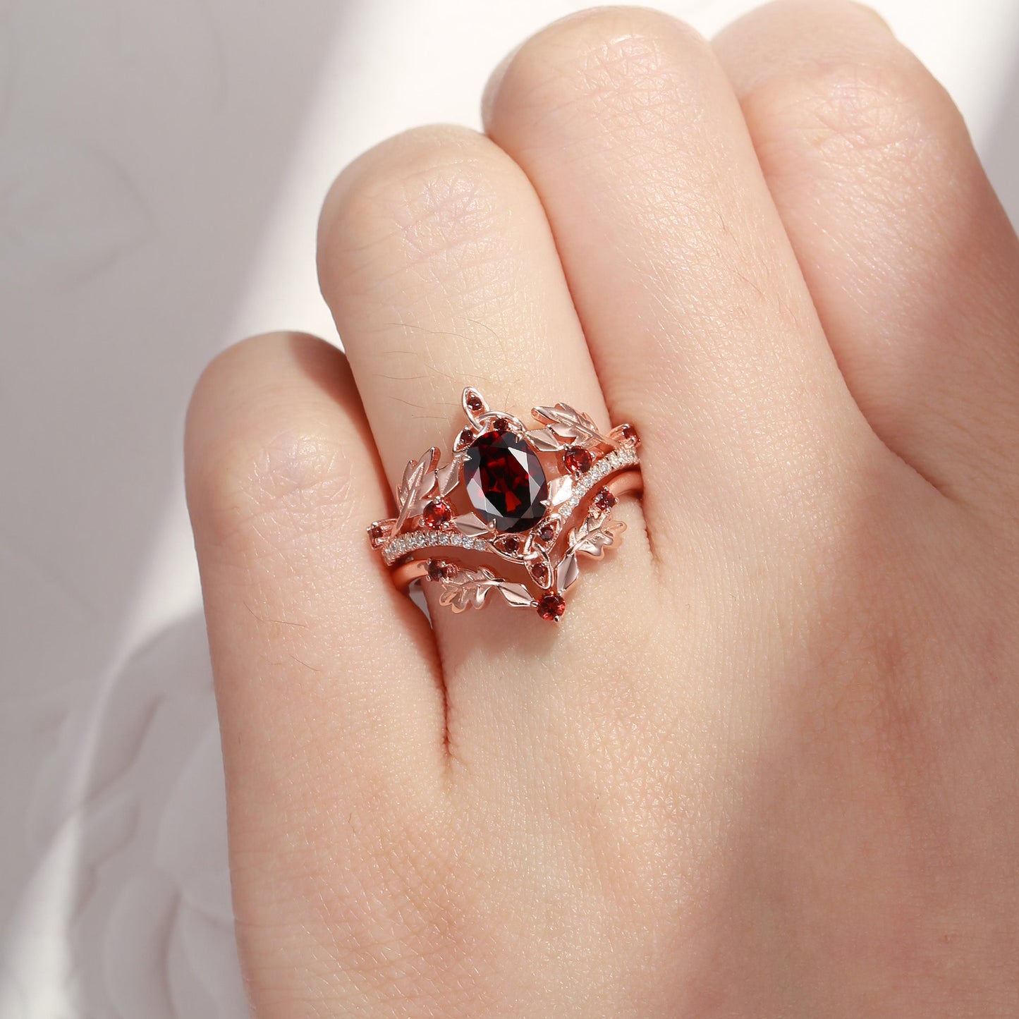 Celtic Calendar | 12.24-1.20 | Oval Garnet Nature Inspired Birch Leafy Celtic Ring Set 2pcs