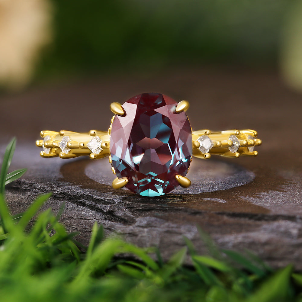 2.8 Ct Oval Cut Lab Alexandrite Hidden Halo with Princess Cut Moissanite Accents Vintage-Inspired Engagement Ring