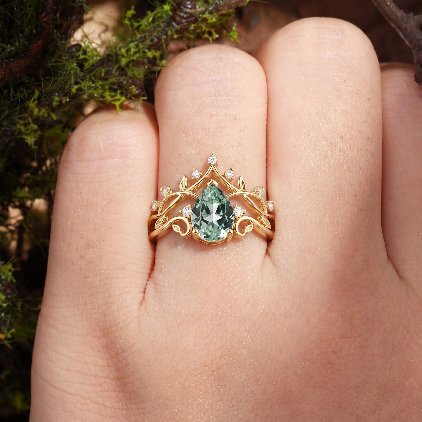 Classic Crown Pear Cut Green Sapphire Cluster Engagement Ring - Queenie