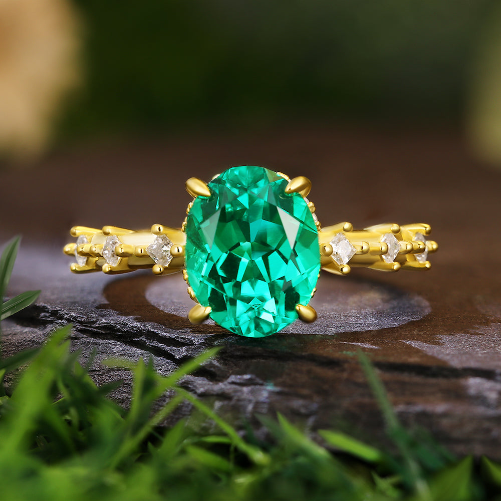 2.8 Ct Oval Cut Lab Emerald Hidden Halo with Princess Cut Moissanite Accents Vintage-Inspired Engagement Ring