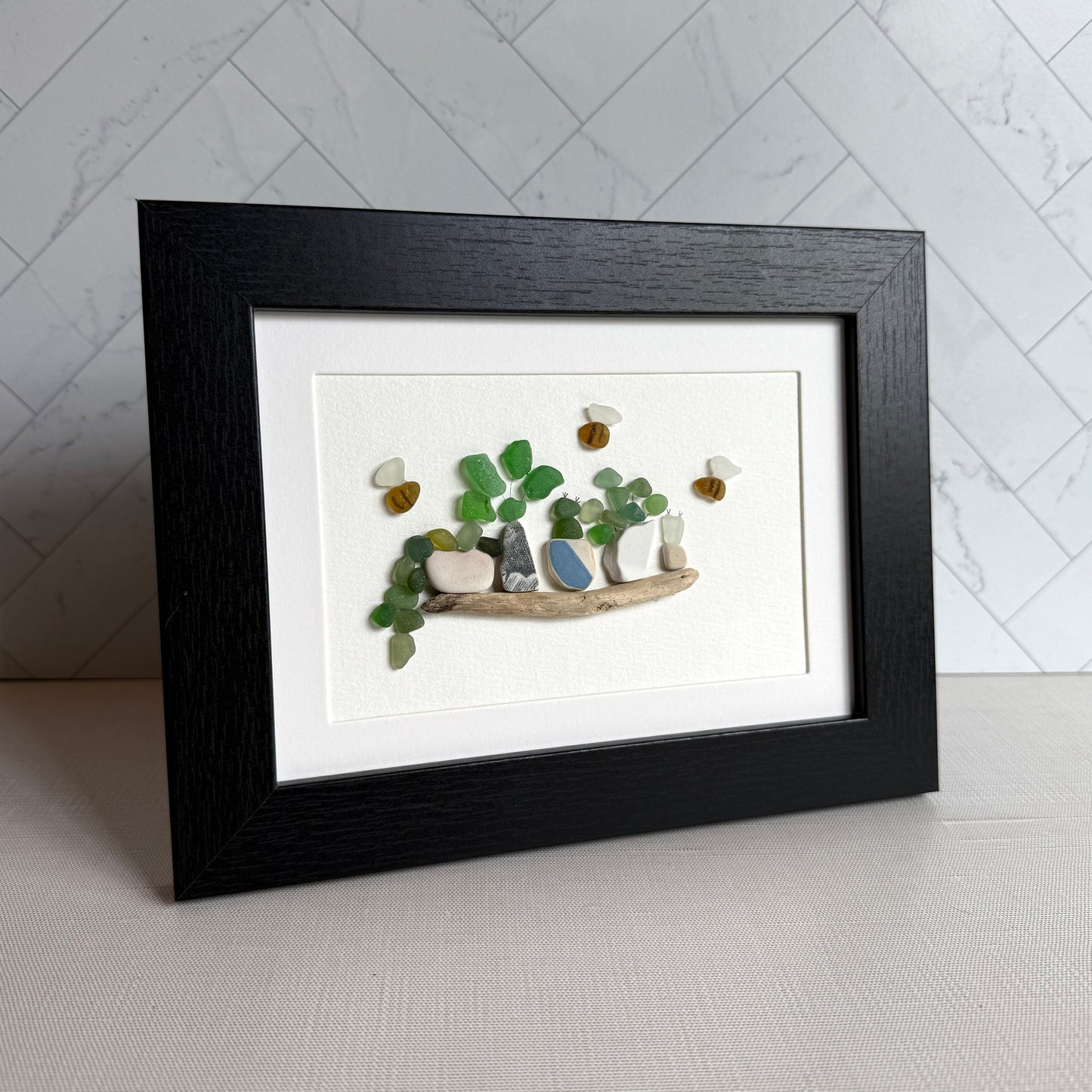 Plants On A Shelf Sea Glass Art | Framed 5x7 Wall Decor | Handmade Beach Gift for the Plant Lover
