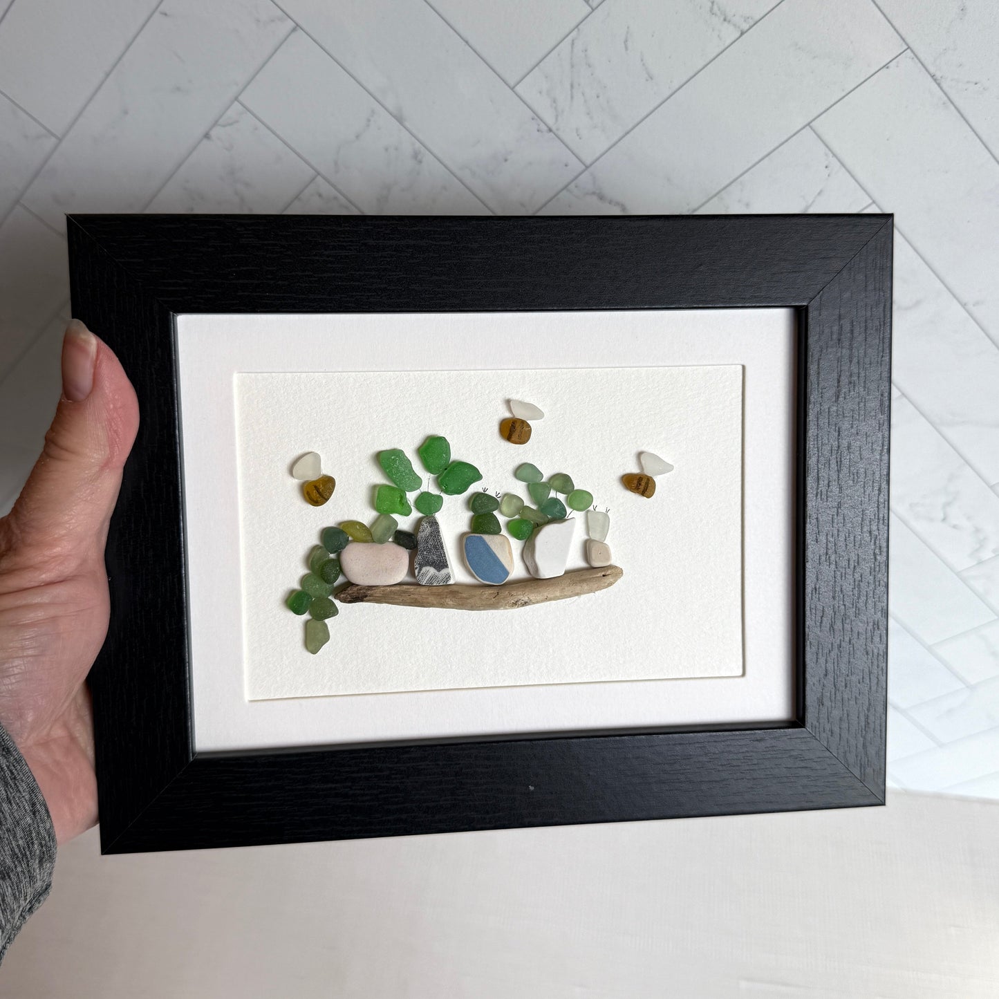Plants On A Shelf Sea Glass Art | Framed 5x7 Wall Decor | Handmade Beach Gift for the Plant Lover