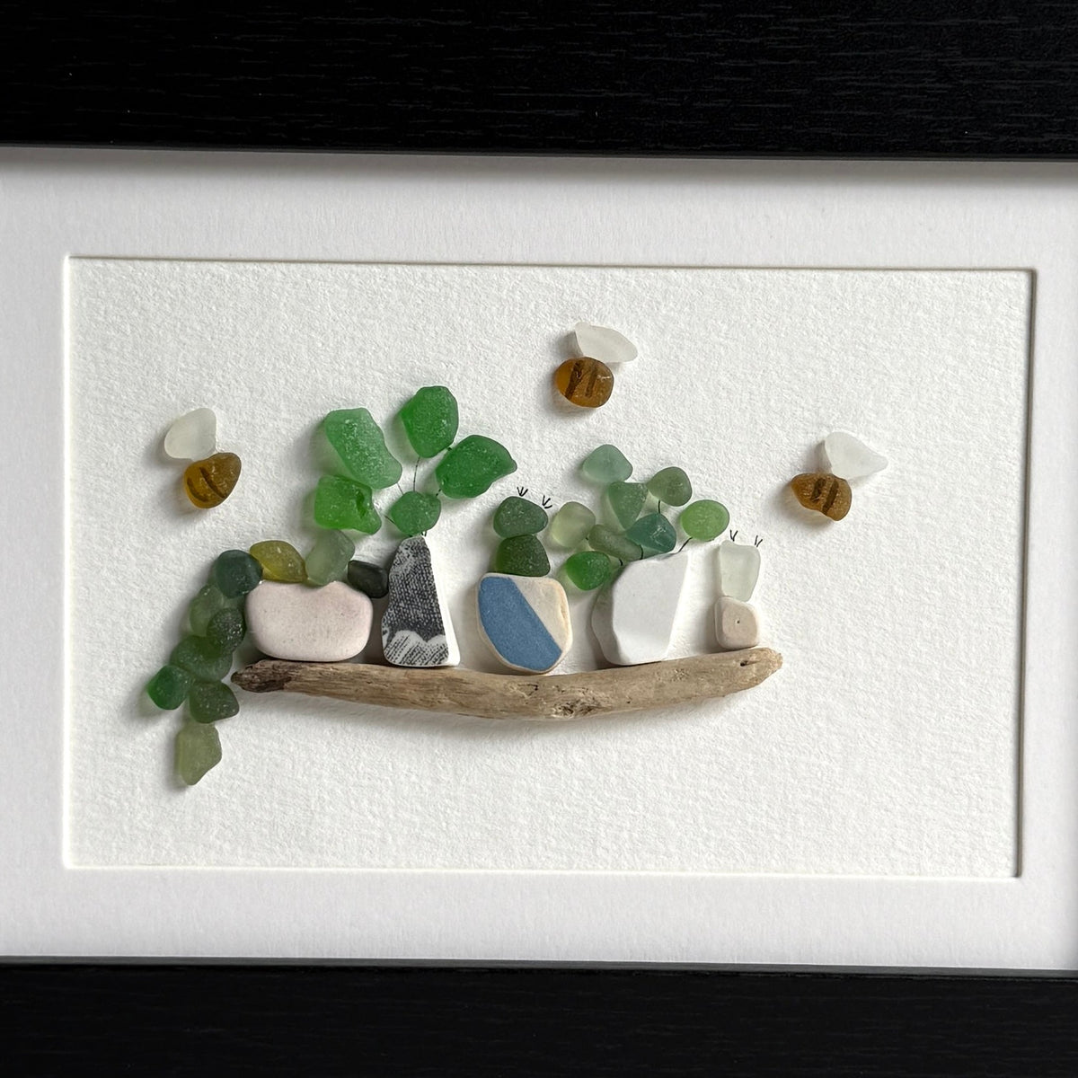 Plants On A Shelf Sea Glass Art | Framed 5x7 Wall Decor | Handmade Beach Gift for the Plant Lover